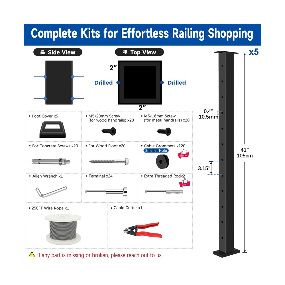 42" One-Stop Cable Railing Post Kits, 5 Pack Fixed Top Level Drilled Line Pos...