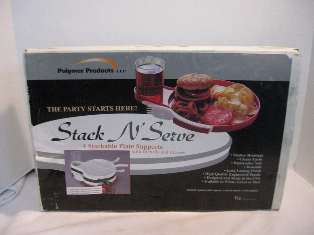 Stack N' Serve Set Stackable Red Plate Supports, Utensils & Glasses Set of 4 NIB