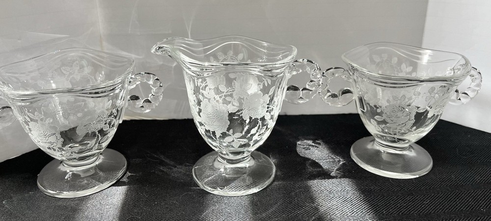 Fostoria Glass Willowmere Etch Coronet Blank Creamer & 2 sugars *Read