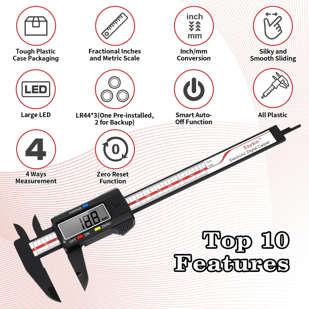 Esydon Upgraded 6" Digital Caliper Electronic Ruler Tool w/Large LCD