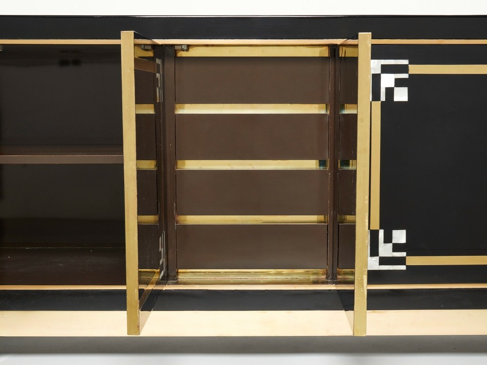 Maison Jansen sideboard brass black lacquered shell inlays 1970s