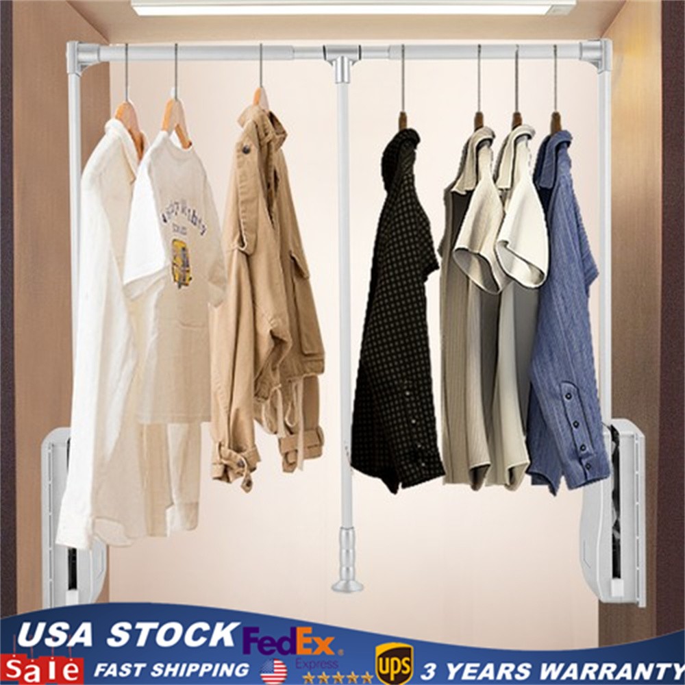 35-47 Inch Adjustable Closet Rod Closet-Mounted Pull Down Clothes Hanger Holder