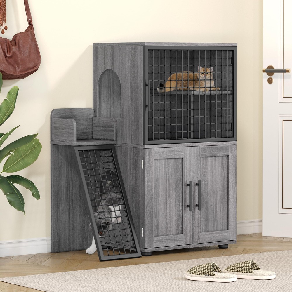 Modern Cat Litter Box Enclosure With Platform, Double Layer Cat Litter Hidden