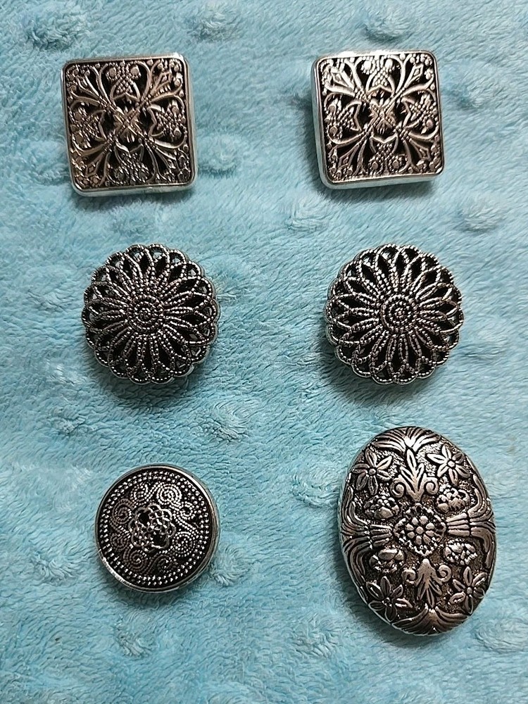 Vintage Button Covers, Mixed Pattern, Silver Tone, Set Of 6 Southwest