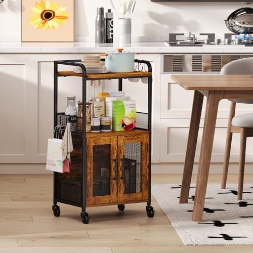 Small Coffee Bar Cabinet with Storage, 3-Tier Rolling Coffee Bar Table, Medium