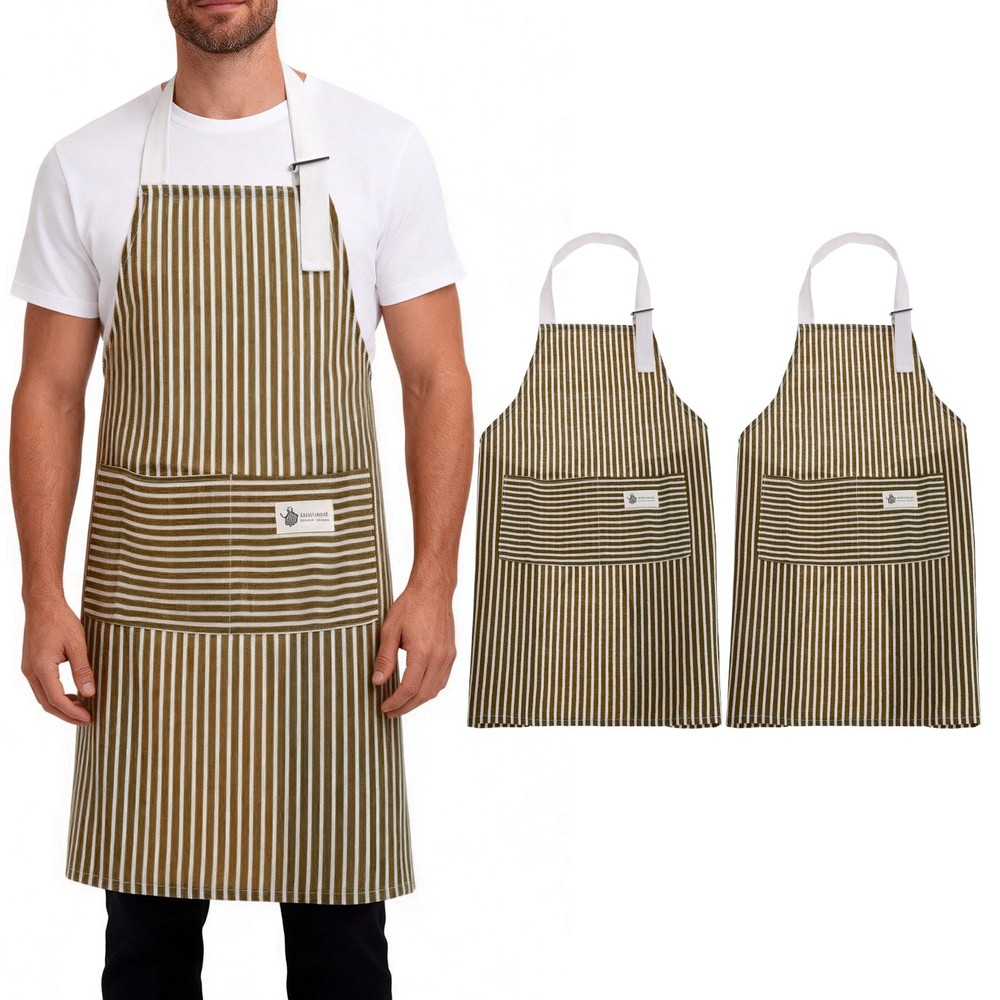 2Pcs Kitchen Cooking Aprons, Striped Neck Strap Apron with Pocket, Coffee