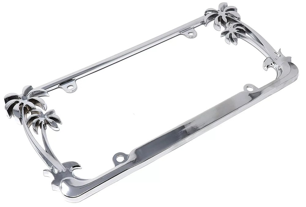 Tropical Palm Tree Chrome Polished License Plate Frame (2 Frames) with Cap