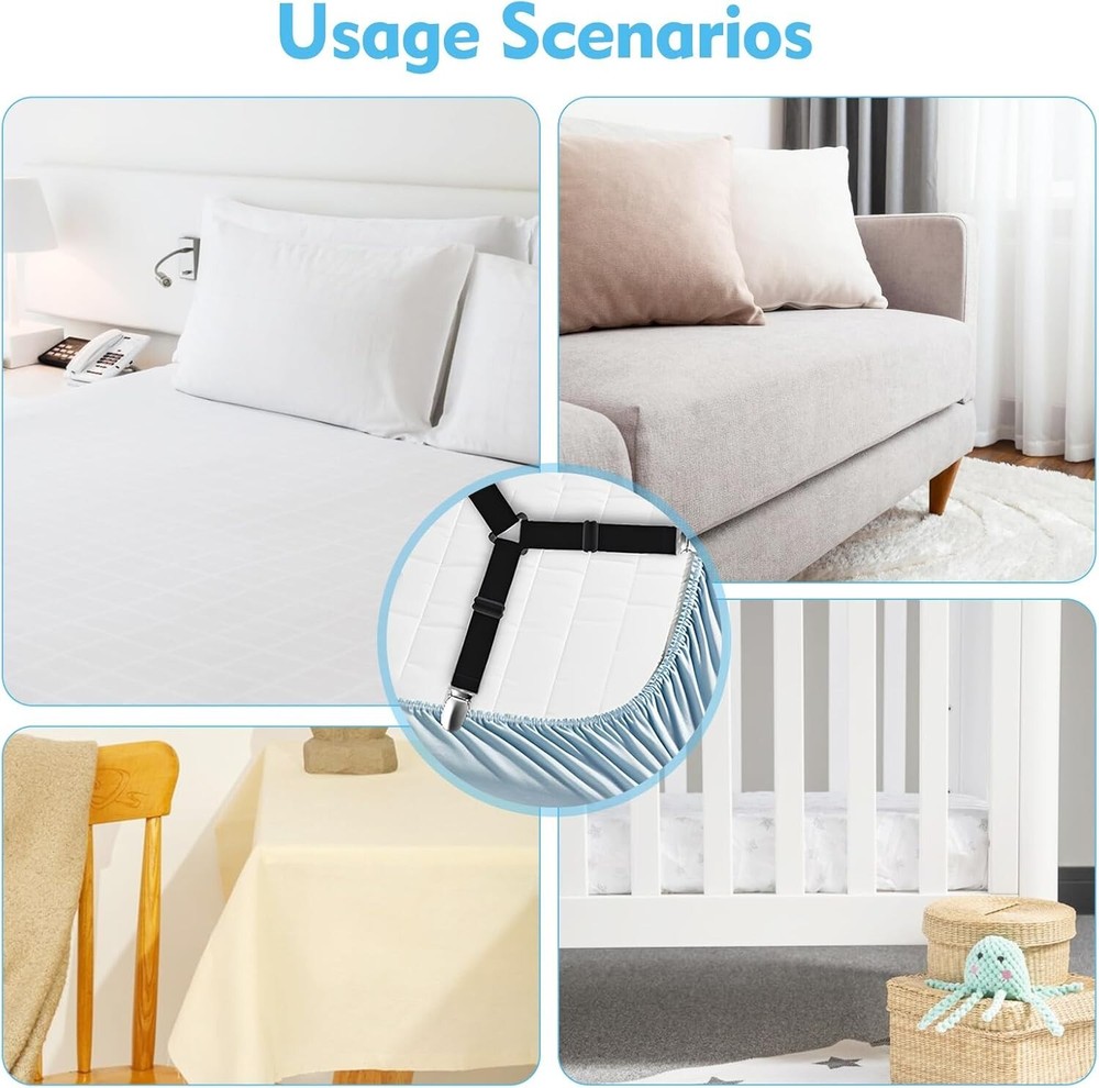 Bed Sheet Straps, 4 Pcs Adjustable Bed Sheet Holder Straps, Black Bed Sheet Clip