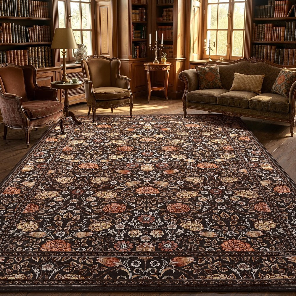 GarveeHome Brown Vintage Floral 5' x 7' (Rectangular), A / Black