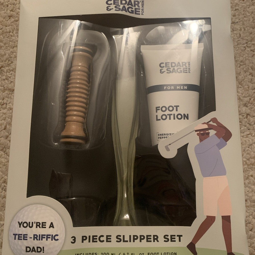 Cedar & Sage for Men 3 Pcs Slipper Set For Dad Includes Lotion & Msg Roller NIB