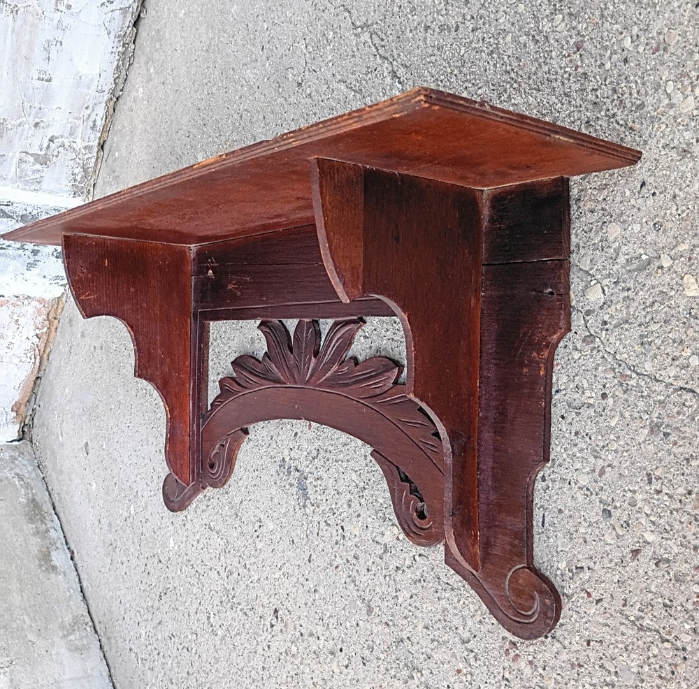 Antique Primitive Scroll Cut Carved Leaf Fretwork Wall Clock Book Shelf