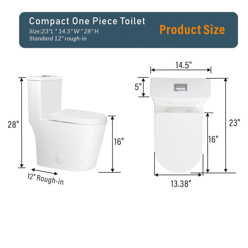 Small Compact One Piece Toilet Dual Flush,23 inch Short Depth for Tiny Bathroo