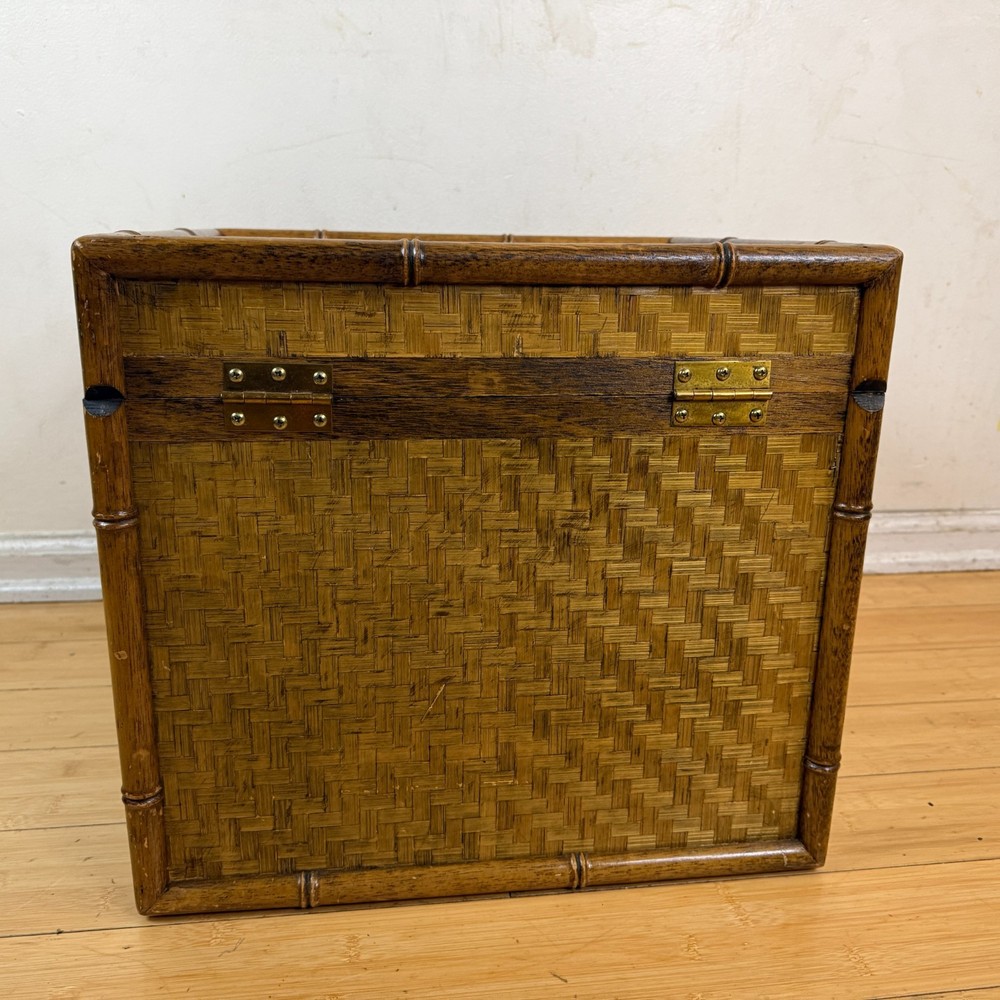 Vintage Bamboo Lidded Chest Trunk Hamper Herringbone Woven Wicker