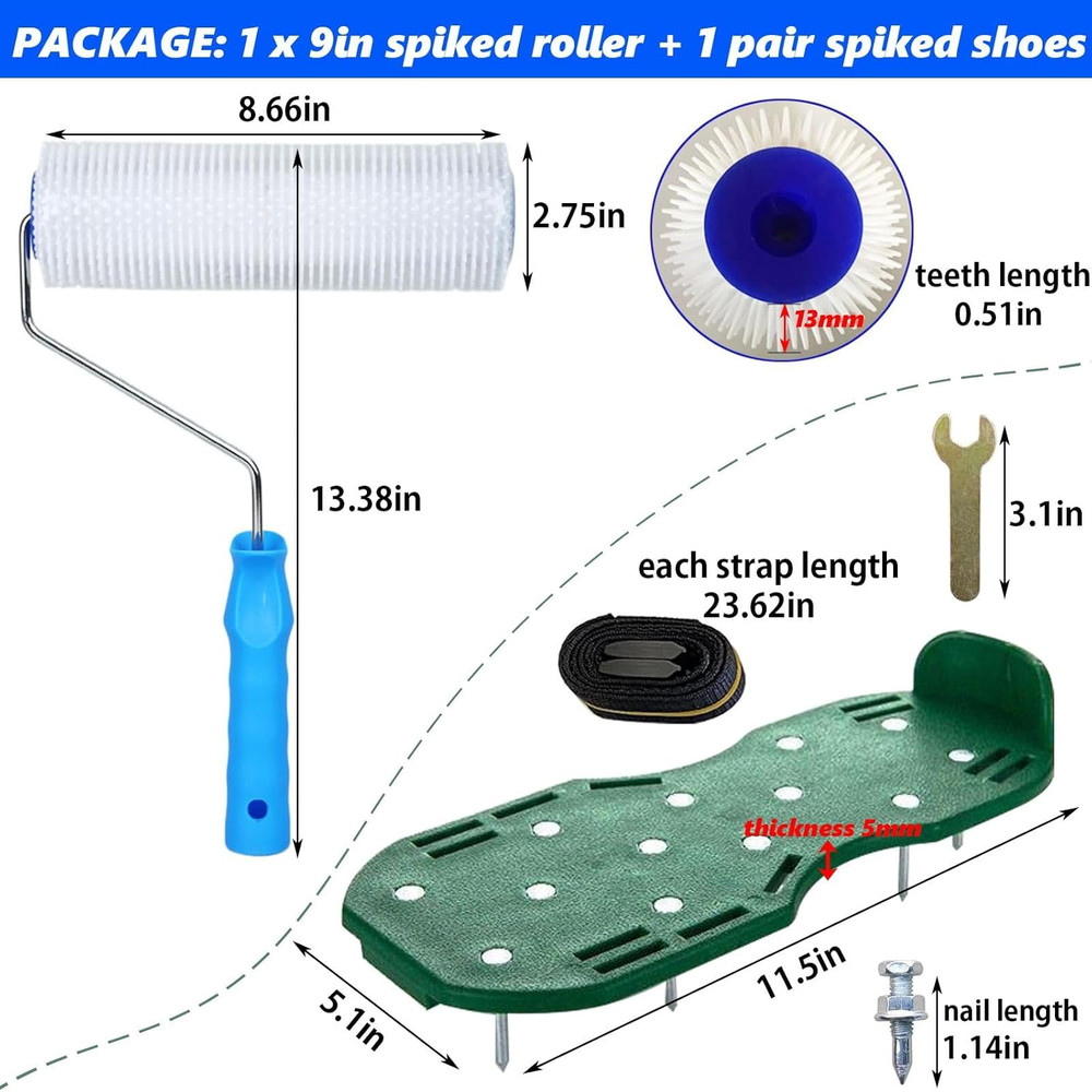 9" Screed Spiked Roller Self Leveling Concrete Roller Epoxy Roller Spike Shoes