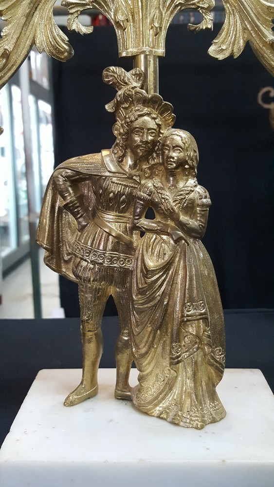 Antique Ornate Solid Brass Candelabra with Renaissance Design on Marble Base
