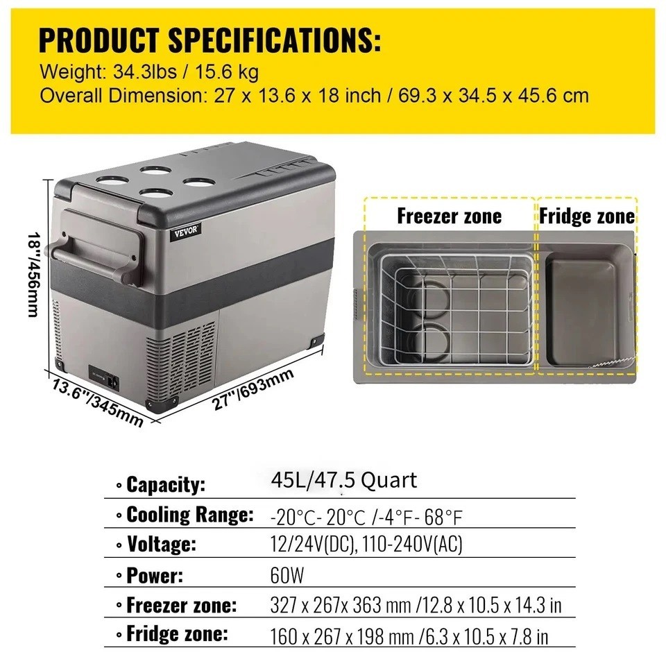 45L Car Refrigerator Mini Fridge Freezer Portable Compressor Cool