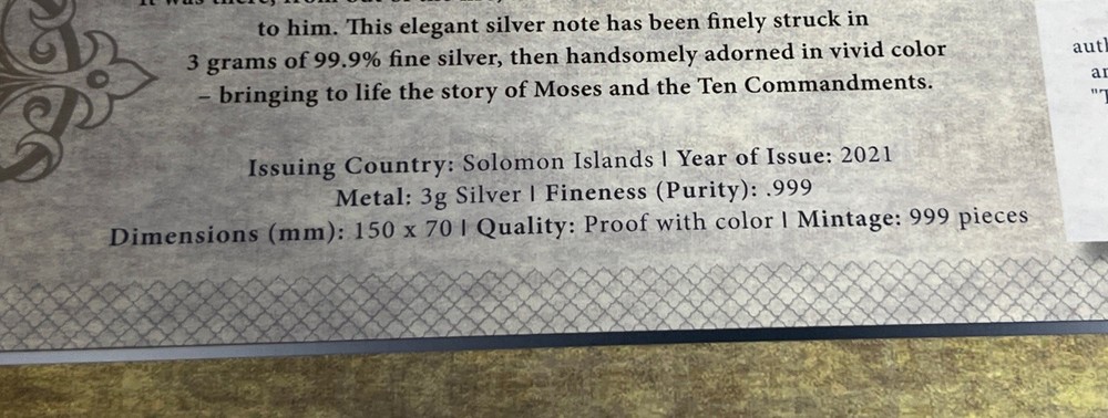2021 Solomon Island 3g Silver Proof Dollar Then Commandments Biblical Note