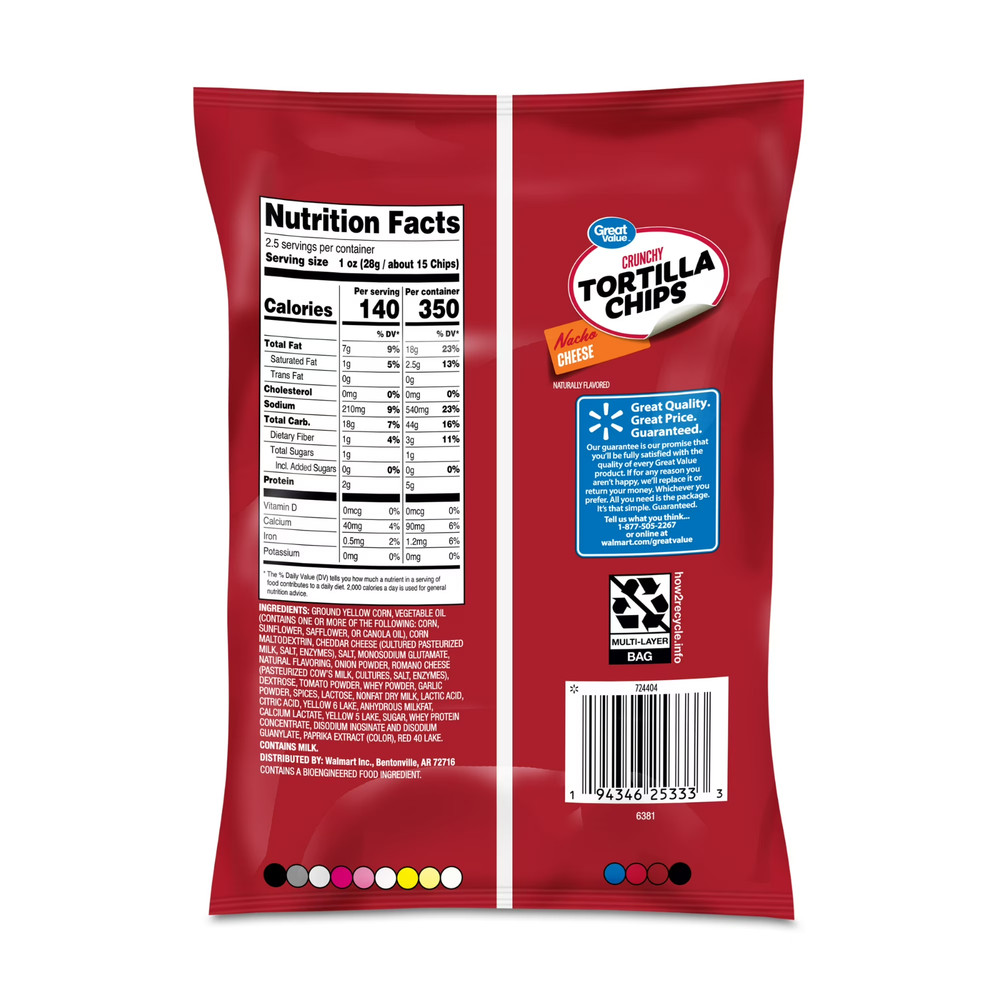 Great Value Nacho Cheese Tortilla Chips, 2.5 oz Bag