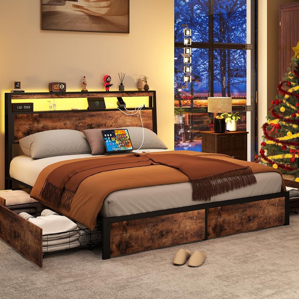 King Queen Full 4 Drawers Platform Bed Frame with LED Light, Charging Station