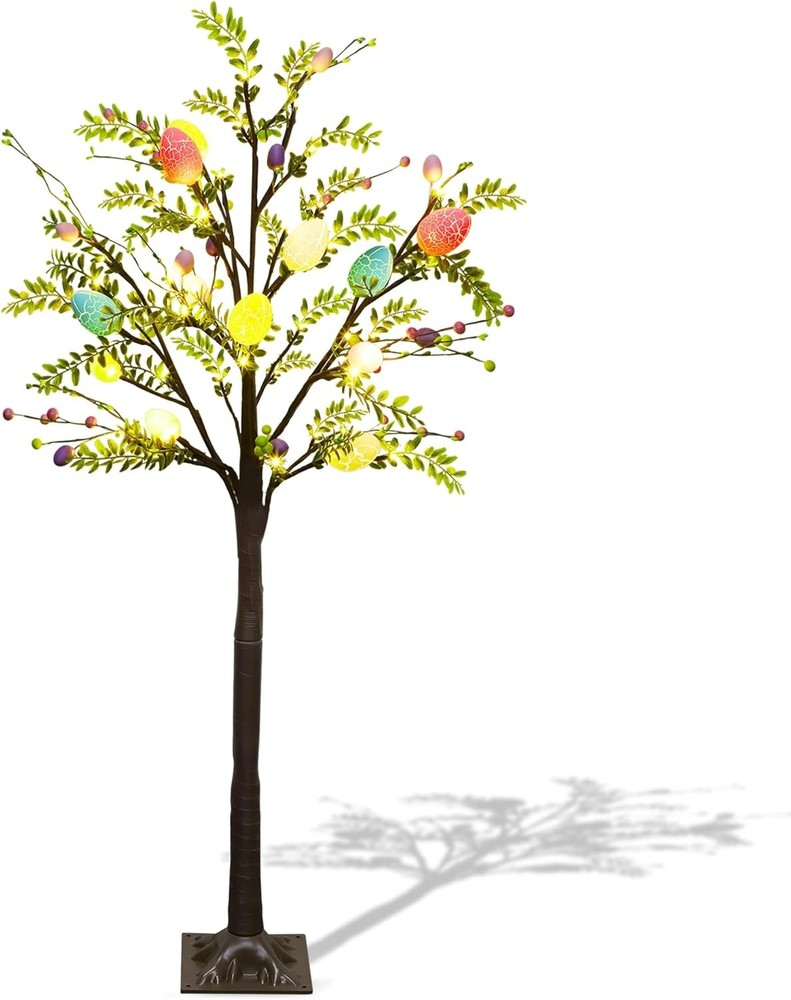 4FT Lighted Easter Tree with Timer, Pre-Lit Artificial Egg Trees with Co