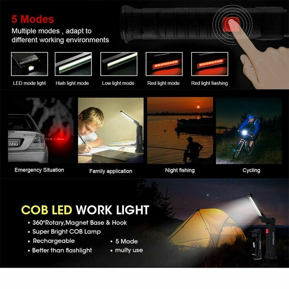 Magnetic Rechargeable COB LED RED Work Light Lamp Flashlight Folding Torch