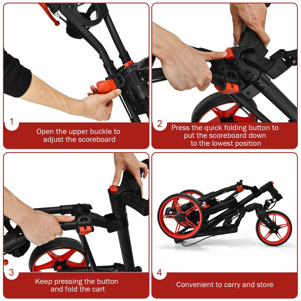 3 Wheels Foldable Golf Push Pull Cart Trolley w/ Adjustable Handle Brake Red