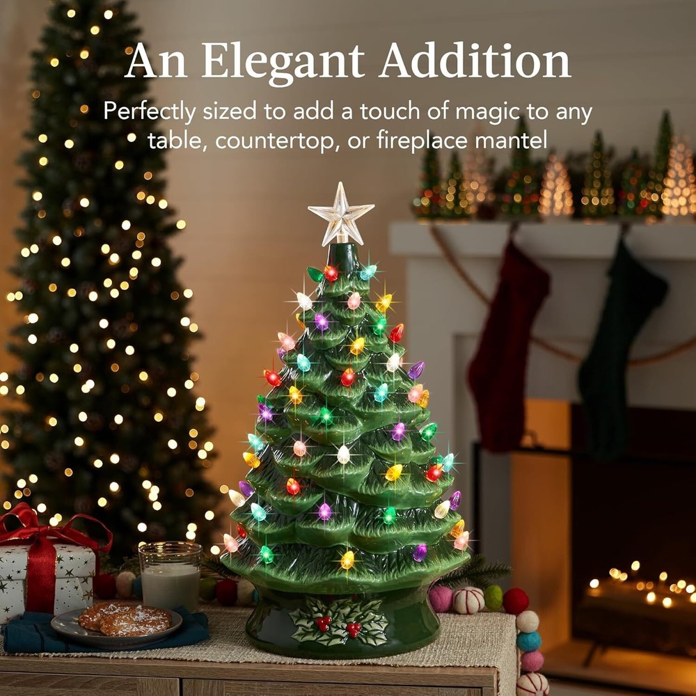24"Extra Large Ceramic Christmas Tree Pre-Lit Hand-Painted Tabletop Holiday Tree