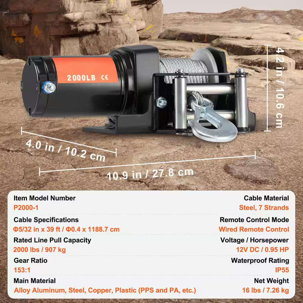 Electric Winch, 2000 Lbs. Line Pull Capacity, 12V DC ATV/UTV Winch with Φ5/32 In