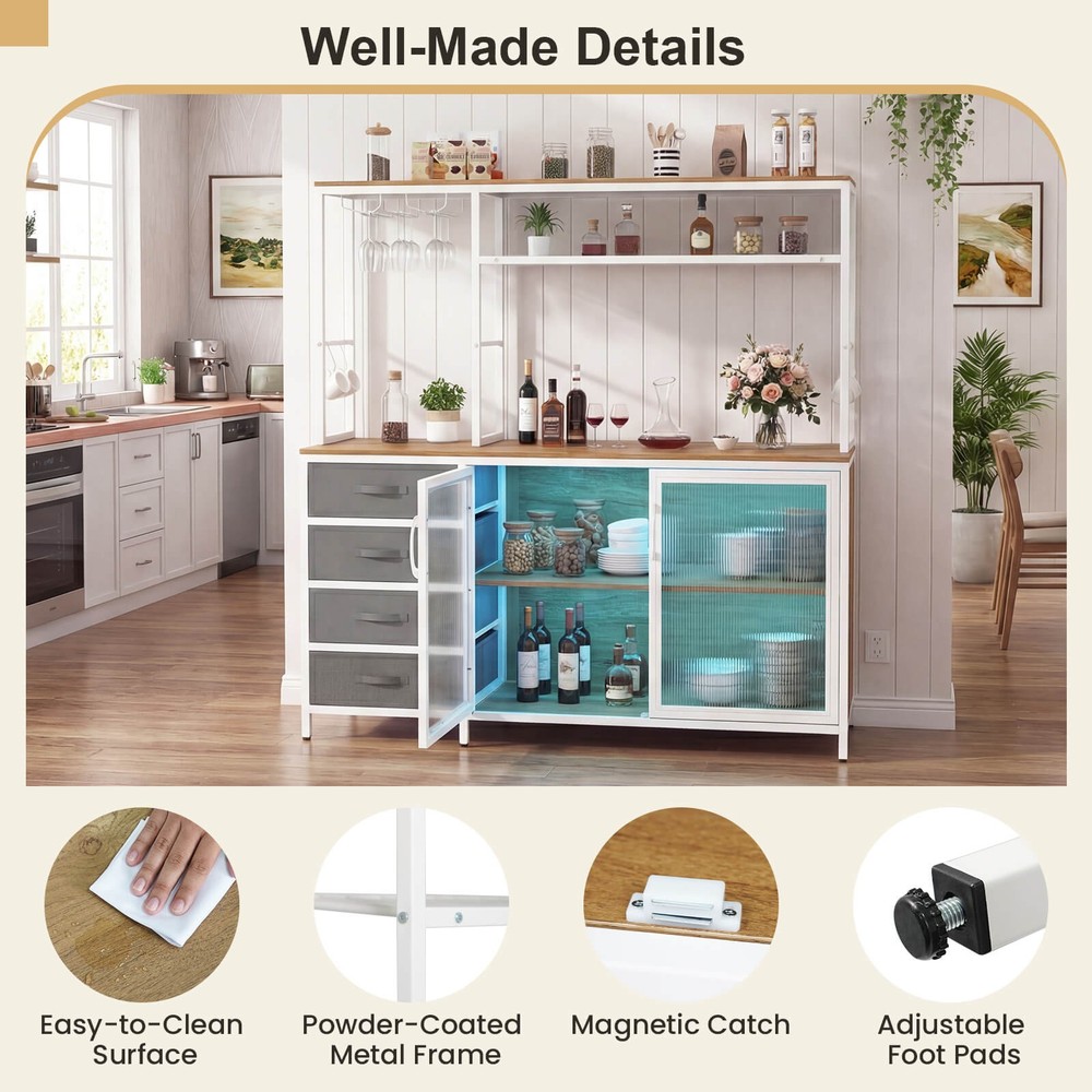 Sideboard Buffet Cabinet w/ LED Lights, 55" Coffee Table w/ Power Outlets