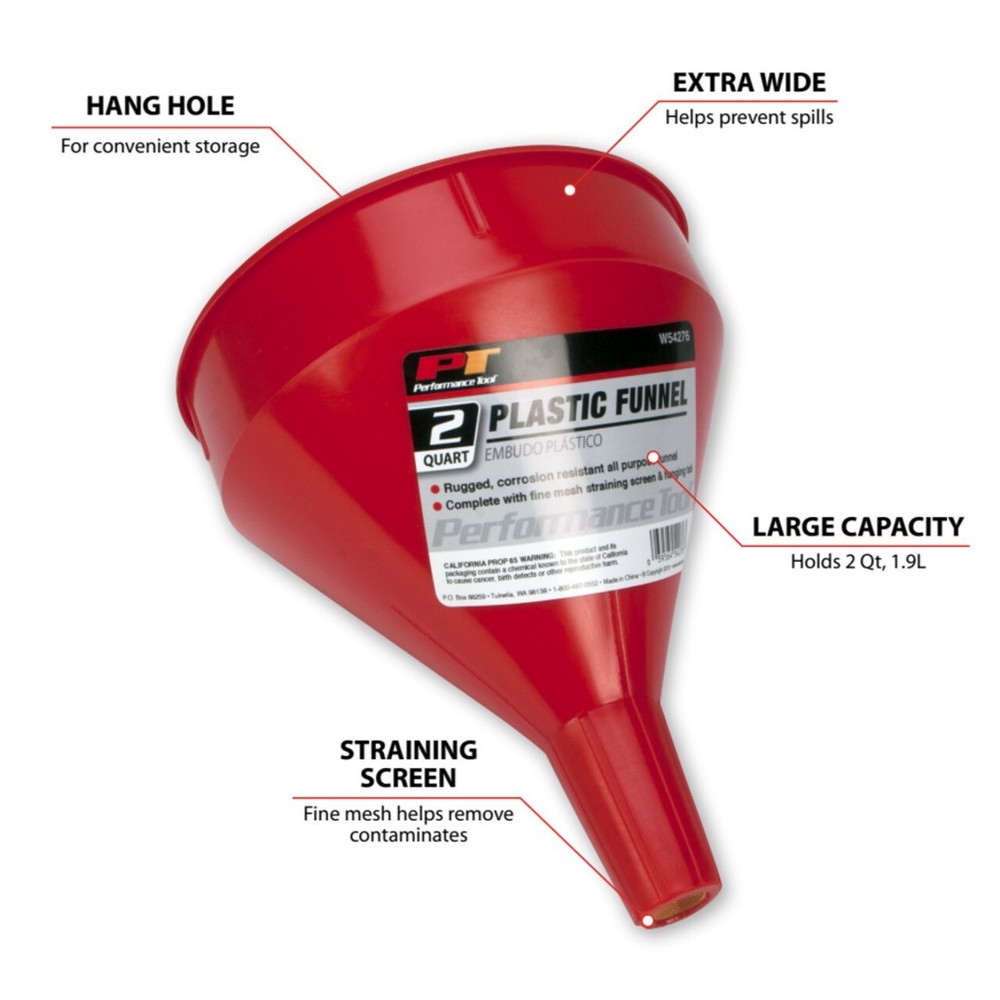 Performance Tool W54276, 2 Quart Plastic Funnel Red, Hole Diameter 0.75 in
