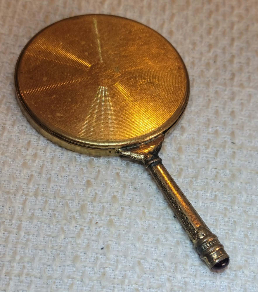 Antique Mini Hand Mirror Gold with Red Stone
