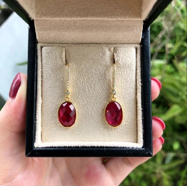 2.20Ct Lab Created Red Ruby Dangle Earrings, 14K Yellow Gold Plated