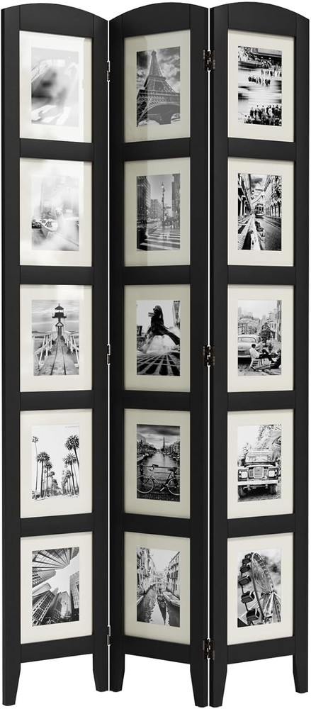 Three-panel photo screen, solid wood partition, black.