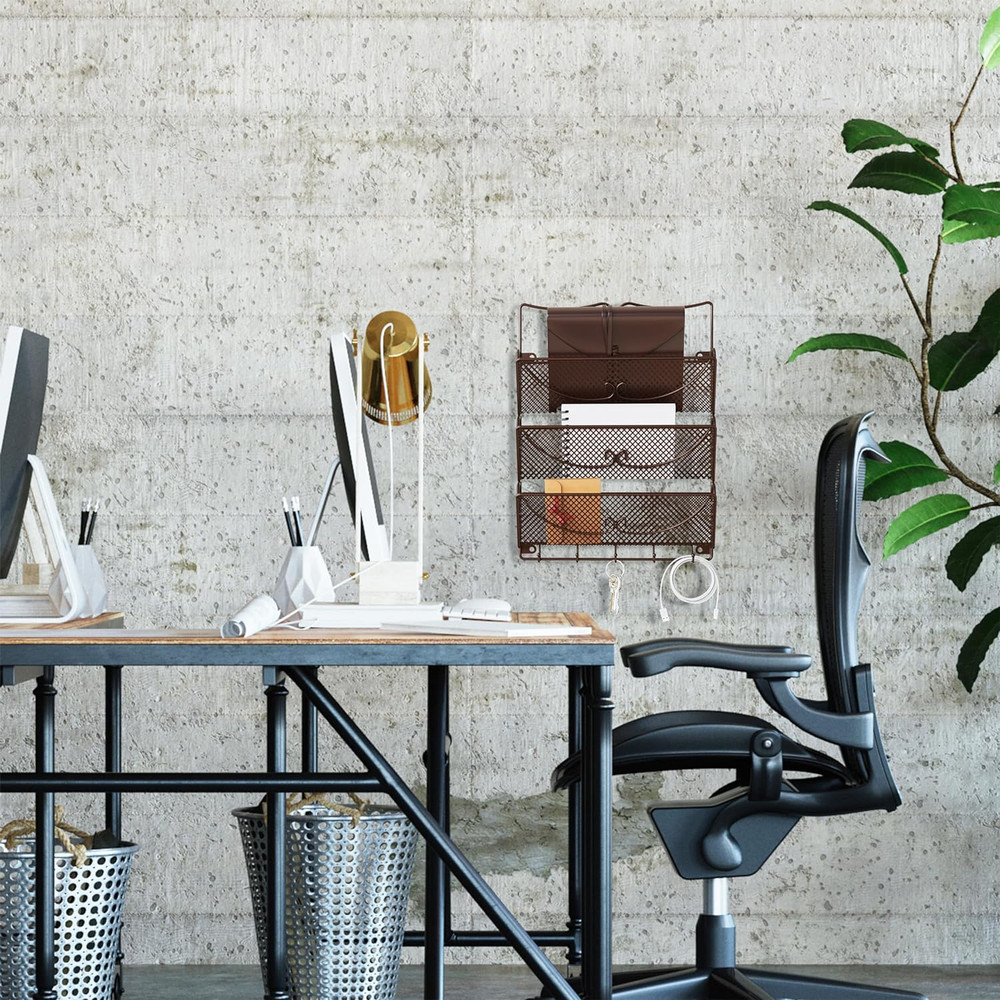 Wall Mail Organizer with 5 Key Holder, 3 Tier, Bronze