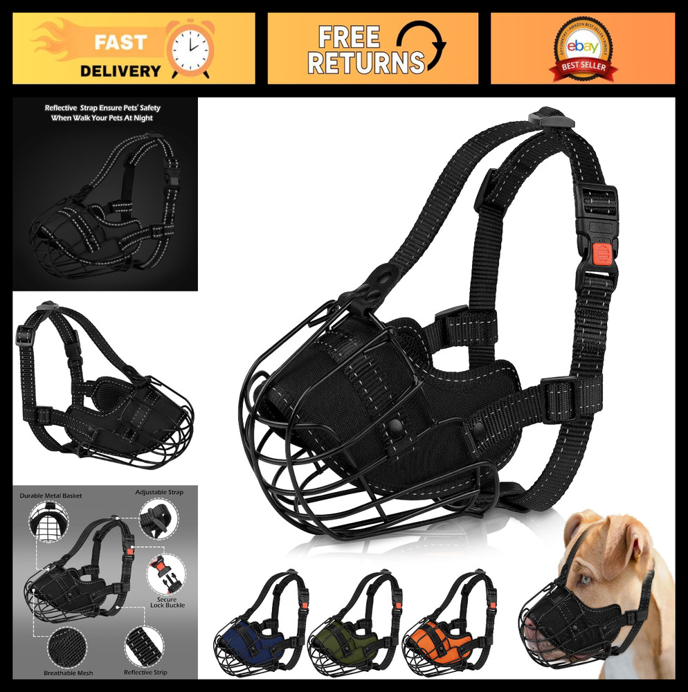 Reflective Metal Dog Muzzle for Large Breeds - Secure Wire Basket, Adjustable St