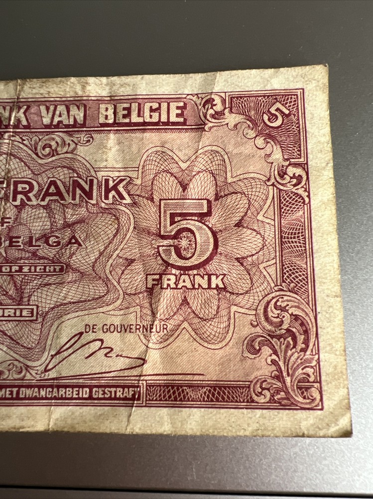 1943 Belgium 5 Francs Banknote Circ