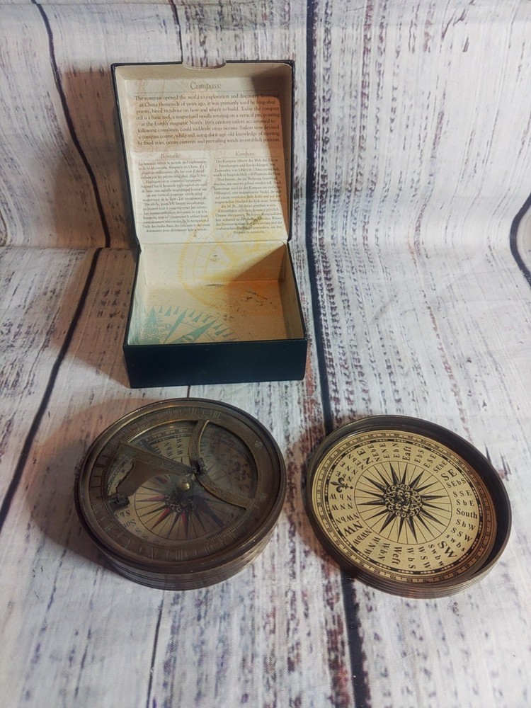 18th Century Brass Sundial & Compass Authentic Model Still In Box