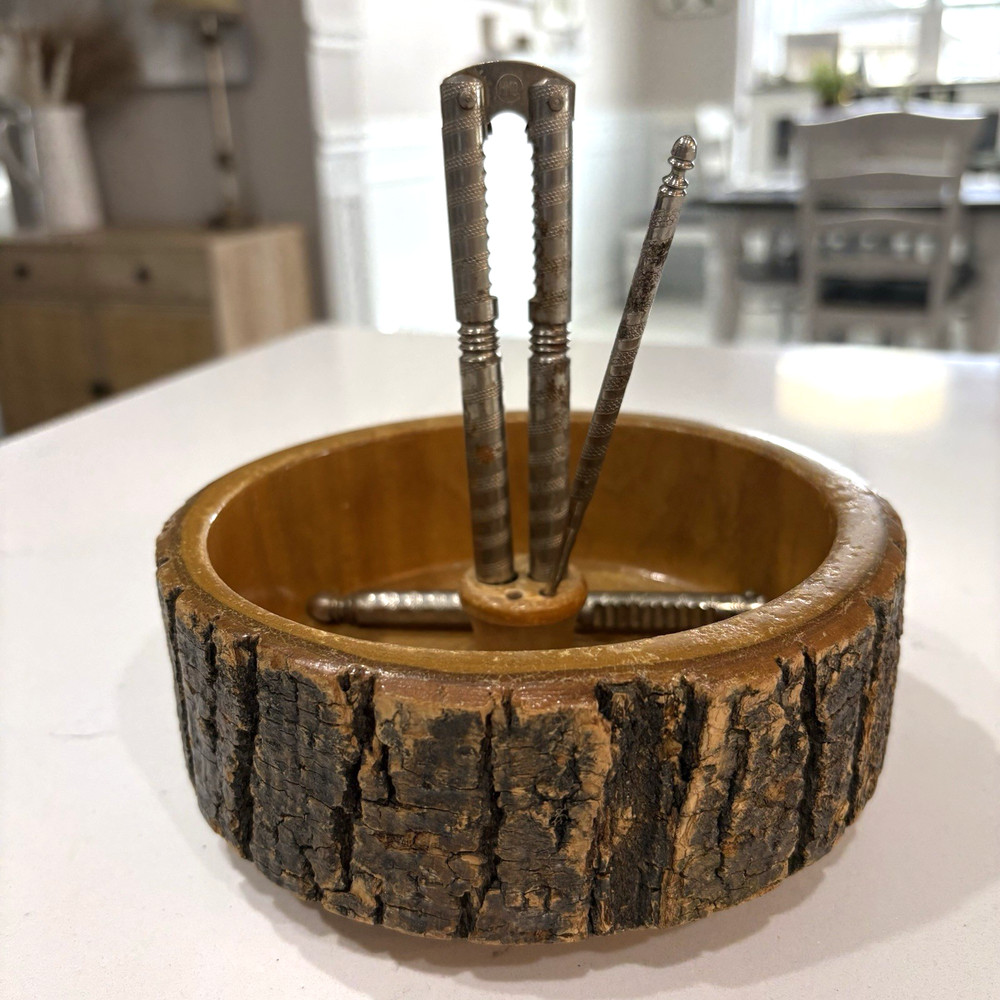 Bark Edge Wood Nut Bowl Set Nutcracker Tools Barware Vintage Mid-Century Rustic
