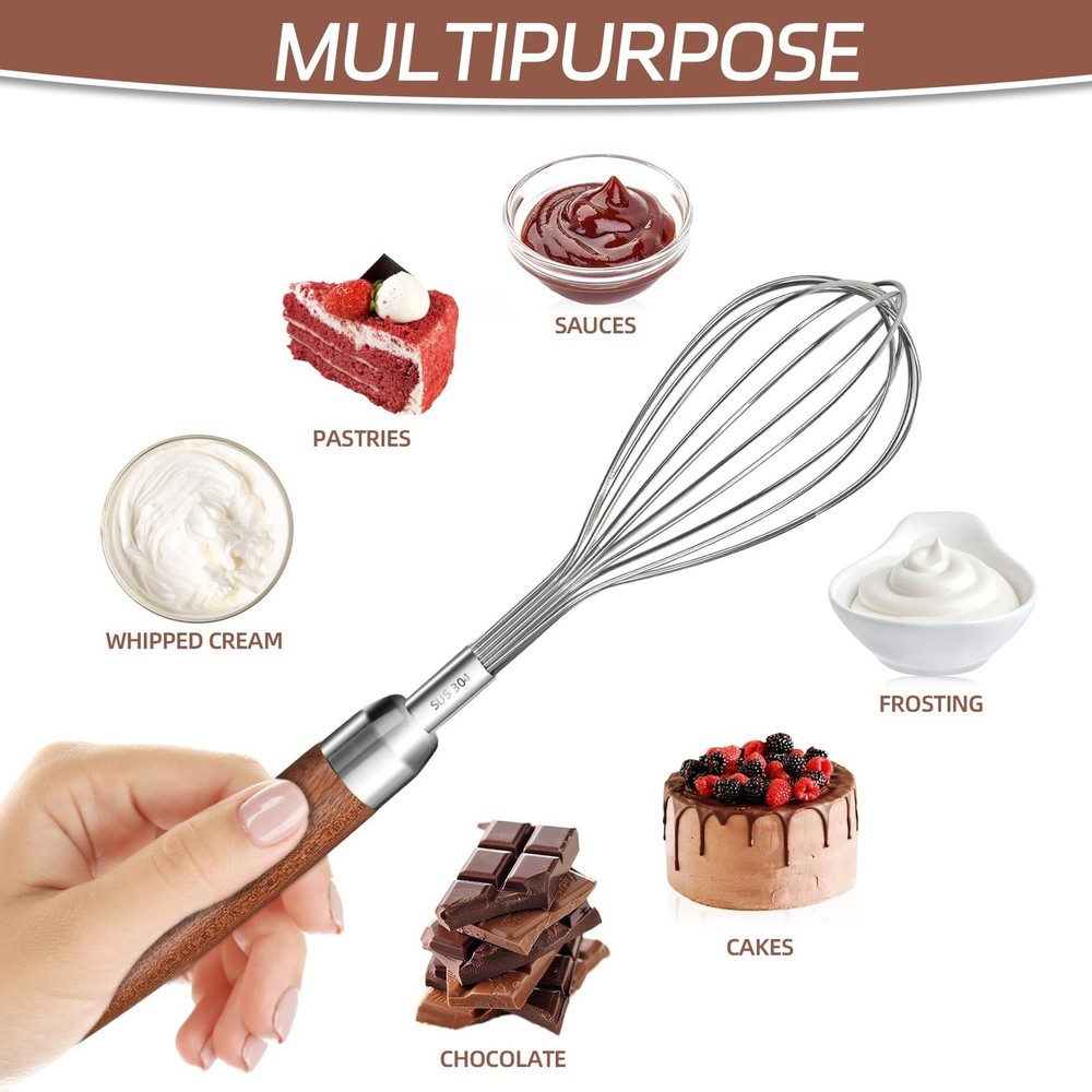 Stainless Steel Wire Whisk, Wooden Handle Kitchen Multi Function Non Stick Ba...