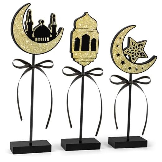3 Pieces Ramadan Decorations Eid Mubarak Table Decor Wooden Set, Ramadan Shiny