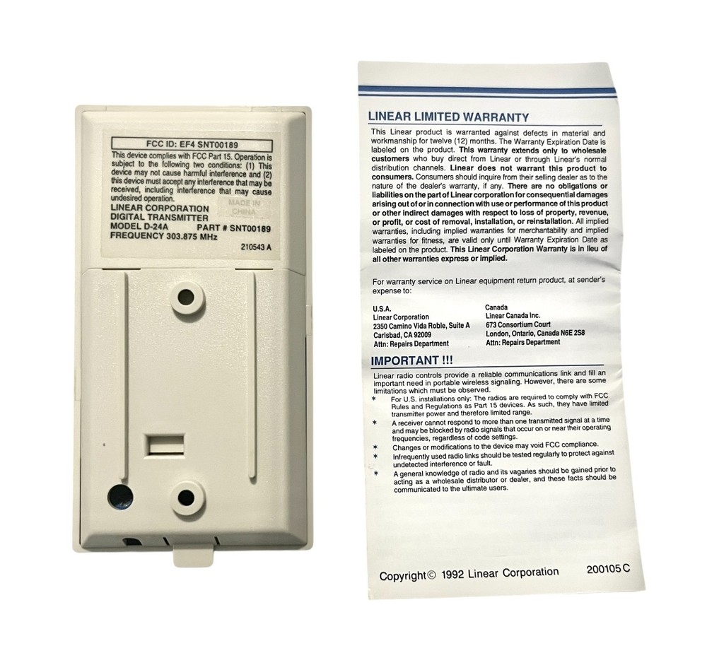 Linear D-24A Wireless Wall Mount Transmitter