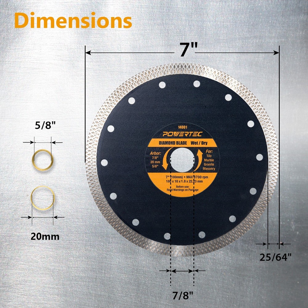 POWERTEC 7" Diamond Blade for Tile Saw, Cutting Tile Granite Marble Thin Masonry