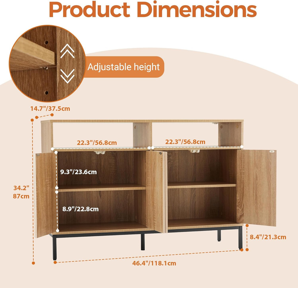 Farmhouse Buffet Sideboard Cabinet with Storage & Adjustable Shelves