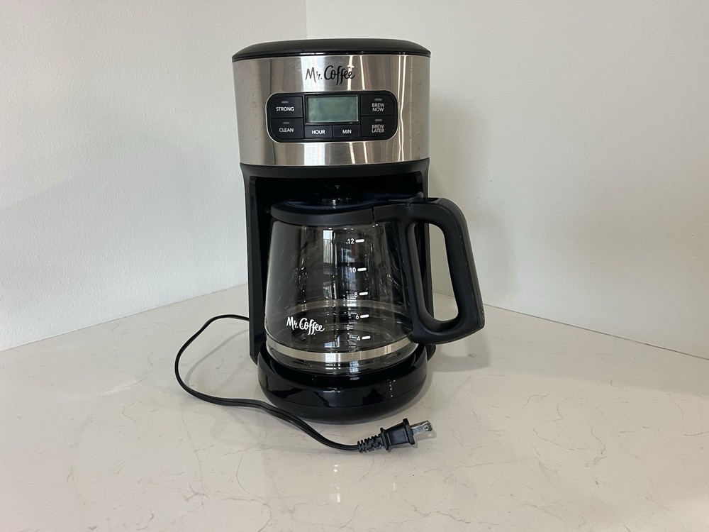 Mr. Coffee 12-Cup Programmable Filter Coffee Machine Black Silver Glass Carafe
