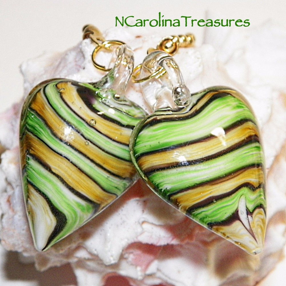 GREEN TAN STRIPE HEART HEARTS GLASS CEILING FAN SWITCH PULL PULLS LG PAIR H396