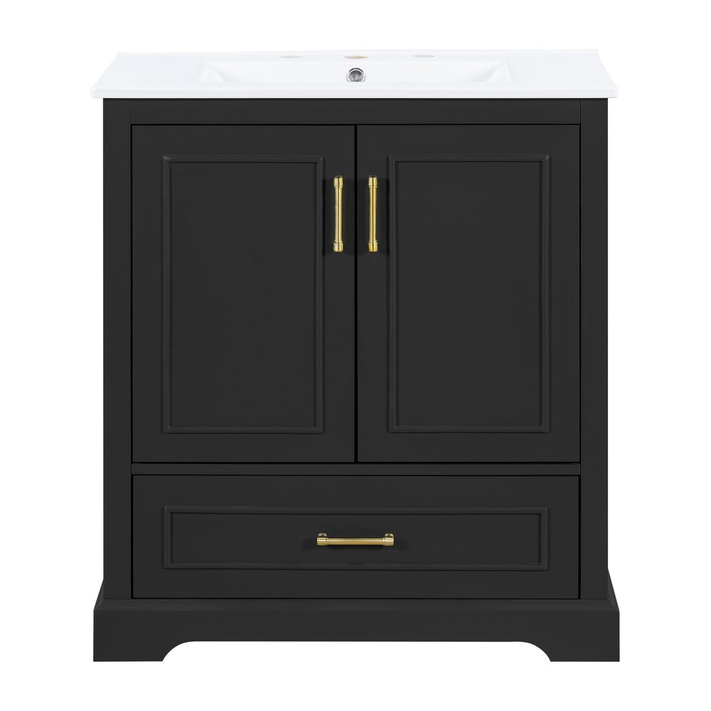 30" Bathroom Vanity w/ Sink, Black, Soft-Close Doors & Drawer, Solid Wood+MDF