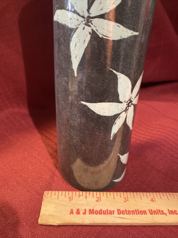 Handmade Ceramic GRAY Glazed with TURQUOISE Flowers...VASE...simple & nice!