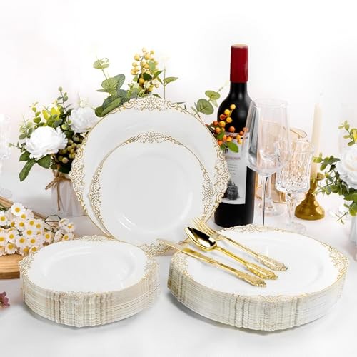 PCS White and Plastic Plates for 100 Guests Disposable Plates Include 200 Gold