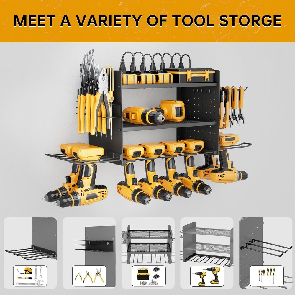 Power Tool Organizer Wall Mount, 3 Layer 8 Drill Holder Tool Shelf Storage Ra...