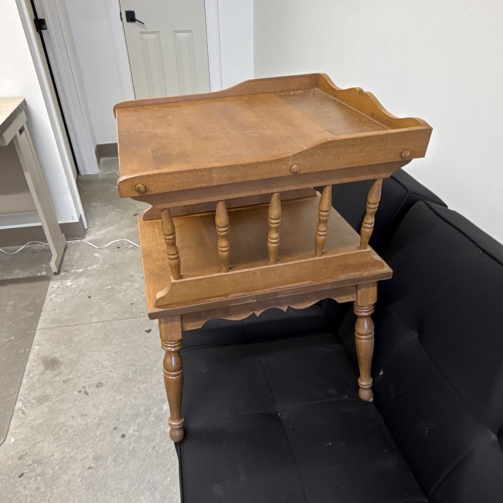 Antique Wooden Two-Tier Rectangle Side Table with Spindle Legs & Shelf, Brown